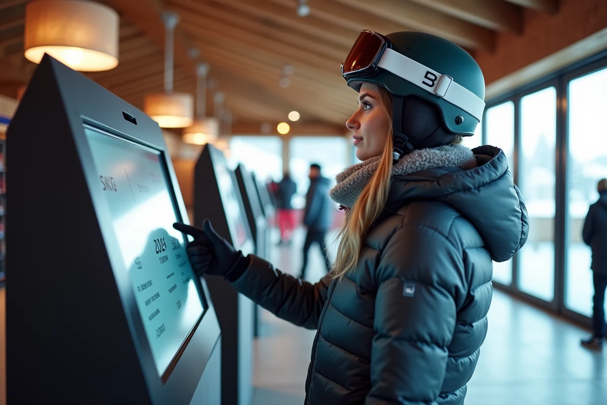 Femme achetant un forfait de ski à une borne automatique dans une station de la Tarentaise