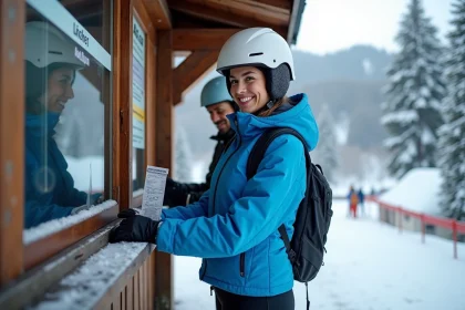 Skieuse achetant son forfait à la caisse d'une station de ski alpine enneigée à La Plagne