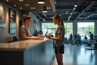 Adolescent discutant des conditions d'inscription à l'accueil d'une salle Basic Fit avec une réceptionniste