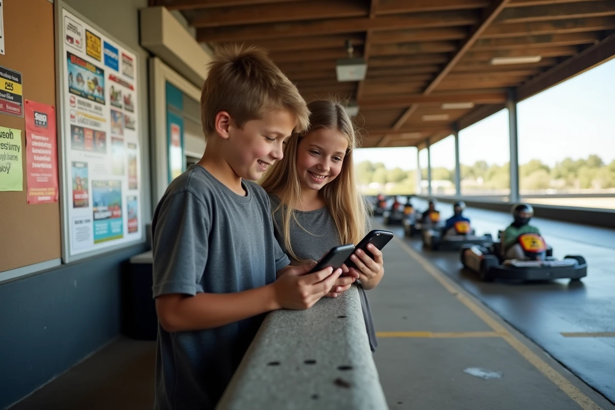 Adolescents vérifiant les prix sur leurs smartphones au karting