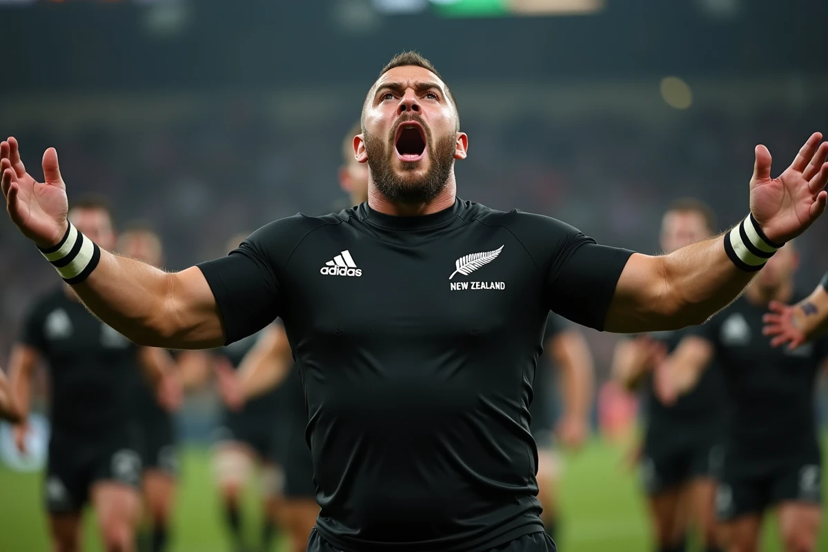 Joueur des All Blacks exécutant le haka sur le terrain, expression intense et bras tendus lors d'un rituel traditionnel maori