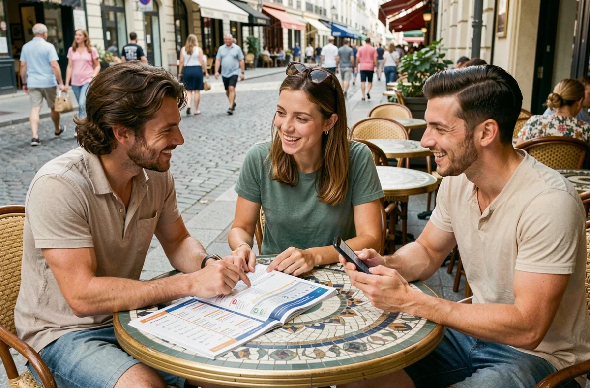 Groupe d'amis planifiant leurs vacances autour du calendrier des courses et des férias 2026 en terrasse de café