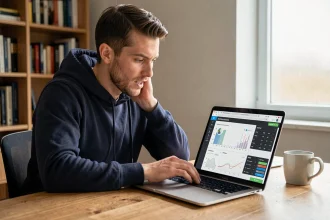 Homme analysant des statistiques sportives sur un ordinateur portable dans un bureau à domicile