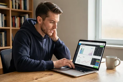 Homme analysant des statistiques sportives sur un ordinateur portable dans un bureau à domicile