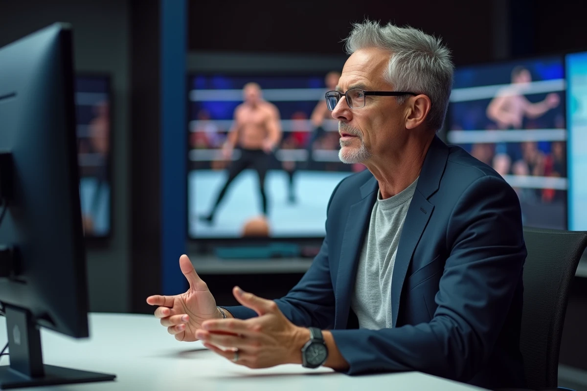 Analyste sportif étudiant des images de catch professionnel dans un studio de télévision moderne, symbolisant l'analyse tactique du catch