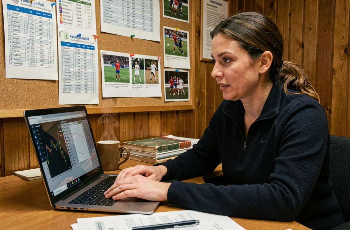 Analyste sportive consultant les statistiques de la saison de Fédérale 2 poule 3 sur un ordinateur portable en salle de réunion