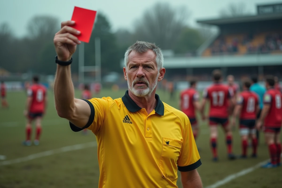 Arbitre de rugby brandissant un carton rouge lors d'un match amateur de Fédérale 3 en France