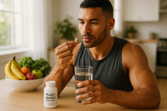 Athlète en cuisine prêt à prendre une capsule végétale