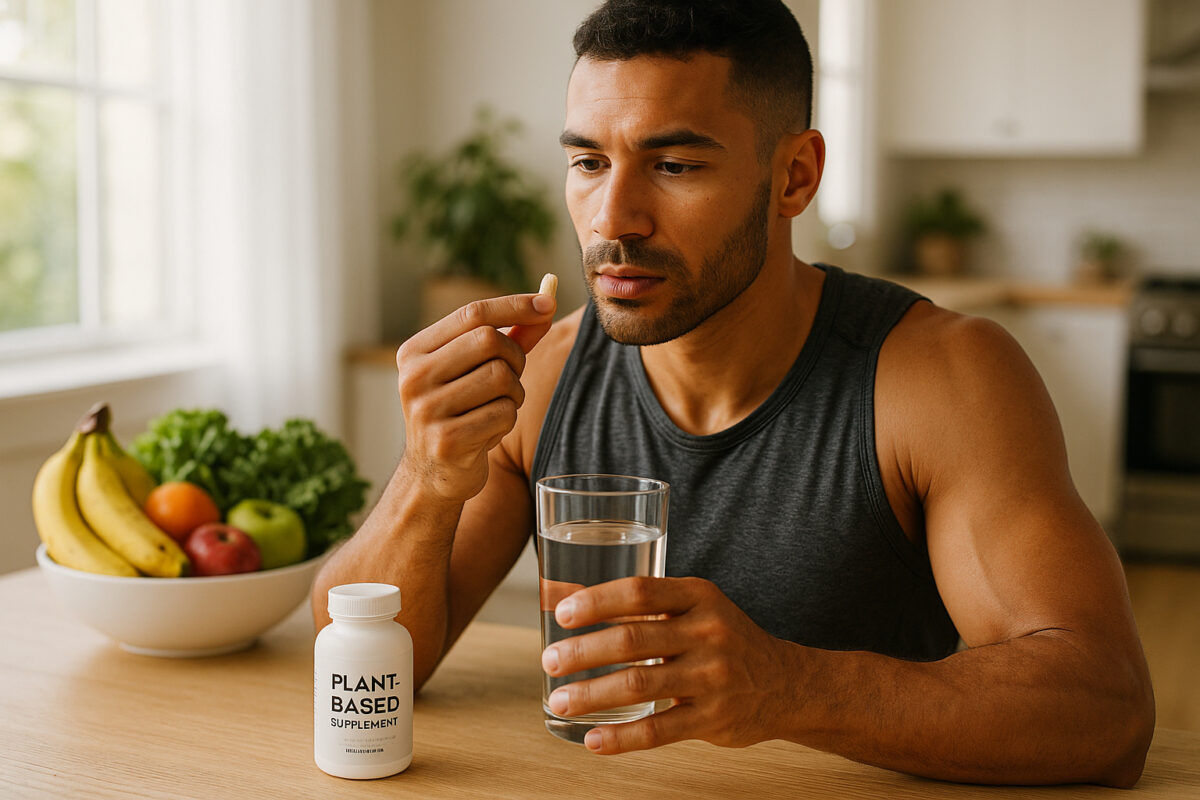 Athlète en cuisine prêt à prendre une capsule végétale