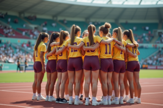 groupe d athlètes féminines en célébration sur stade