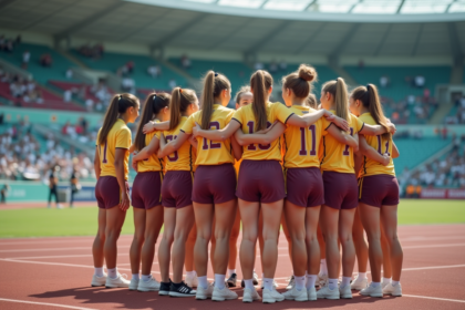 groupe d athlètes féminines en célébration sur stade