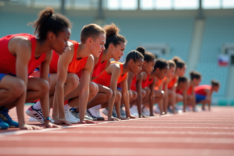 Groupe d'athlètes en départ de sprint sur piste rouge