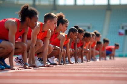 Groupe d'athlètes en départ de sprint sur piste rouge
