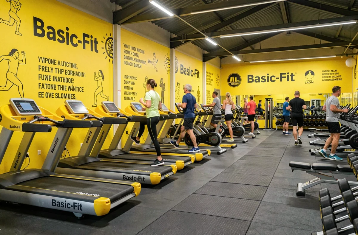 Intérieur de la salle Basic-Fit à Laon avec machines cardio jaunes et zone de poids libres