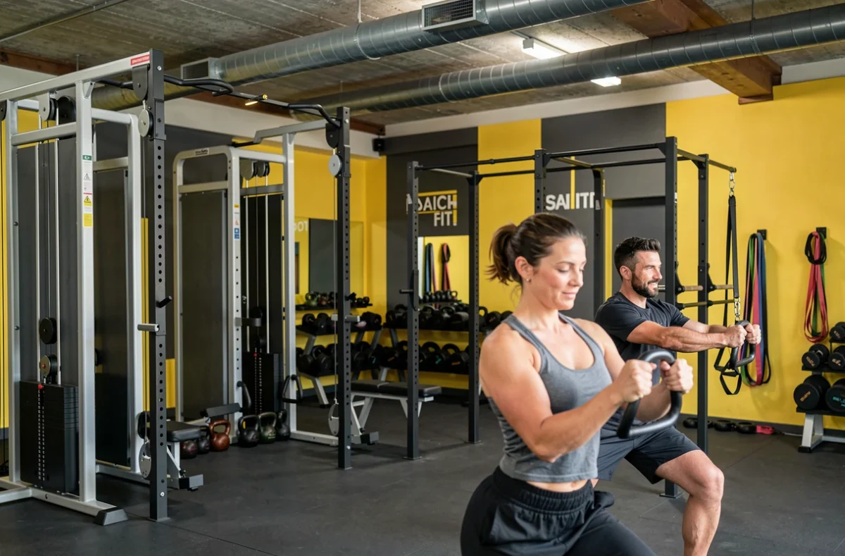 Zone de training fonctionnel de la salle Basic-Fit à Saint-Quentin avec kettlebells et barres de traction