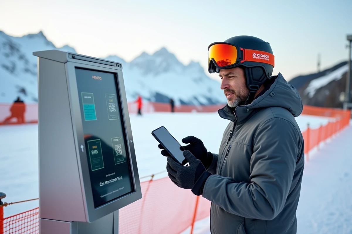 Skieur scannant un QR code sur une borne numérique pour obtenir un forfait moins cher à La Plagne