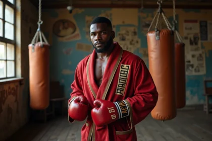 Boxeur afroamericano confiant dans une salle de boxe ancienne