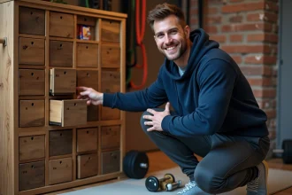 Homme sportif ouvrant une case d'un calendrier de l'Avent sportif dans un home gym décoré