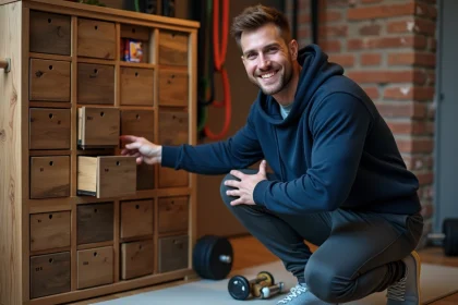 Homme sportif ouvrant une case d'un calendrier de l'Avent sportif dans un home gym décoré