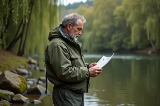 Pêcheur tenant une carte de pêche 2026 au bord d'une rivière française en tenue de wading