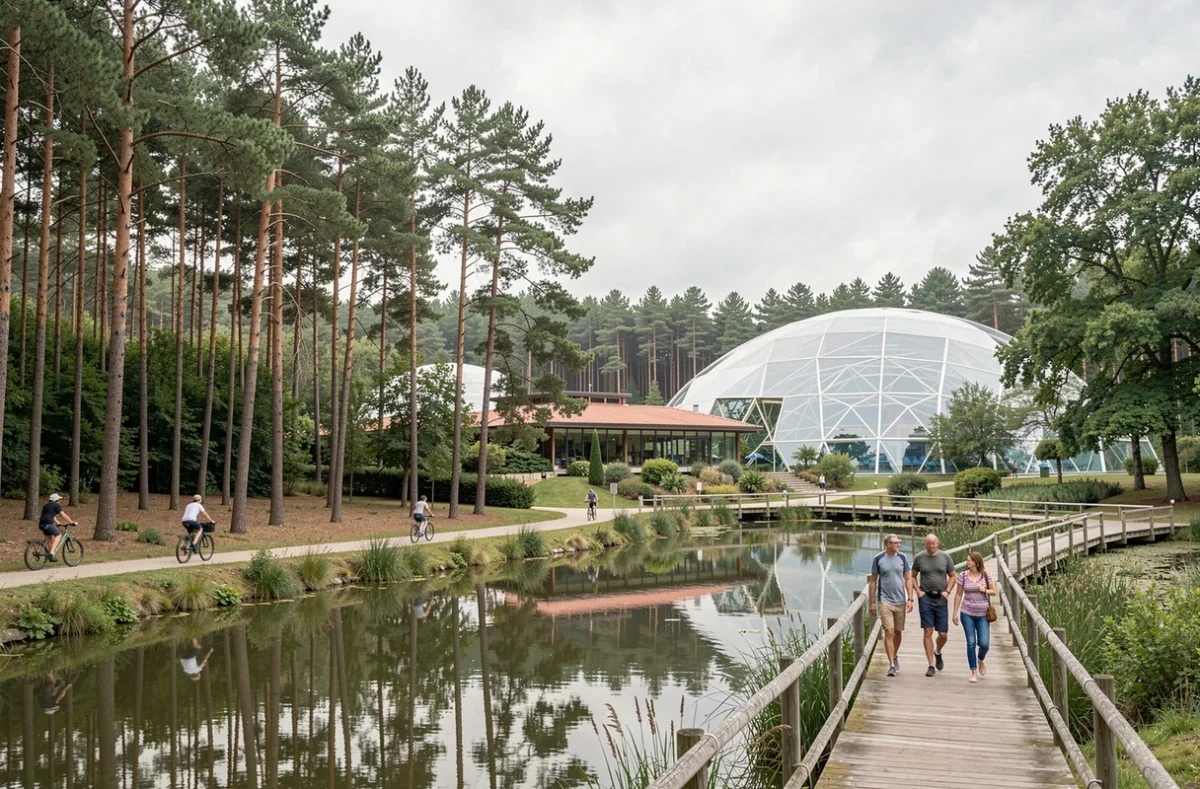 Center Parcs Le Lac d'Ailette dans l'Aisne avec lac forestier, vélos et dôme de l'espace aquatique en arrière-plan