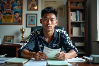Jeune champion Muay Thai comptant ses gains dans un gymnase