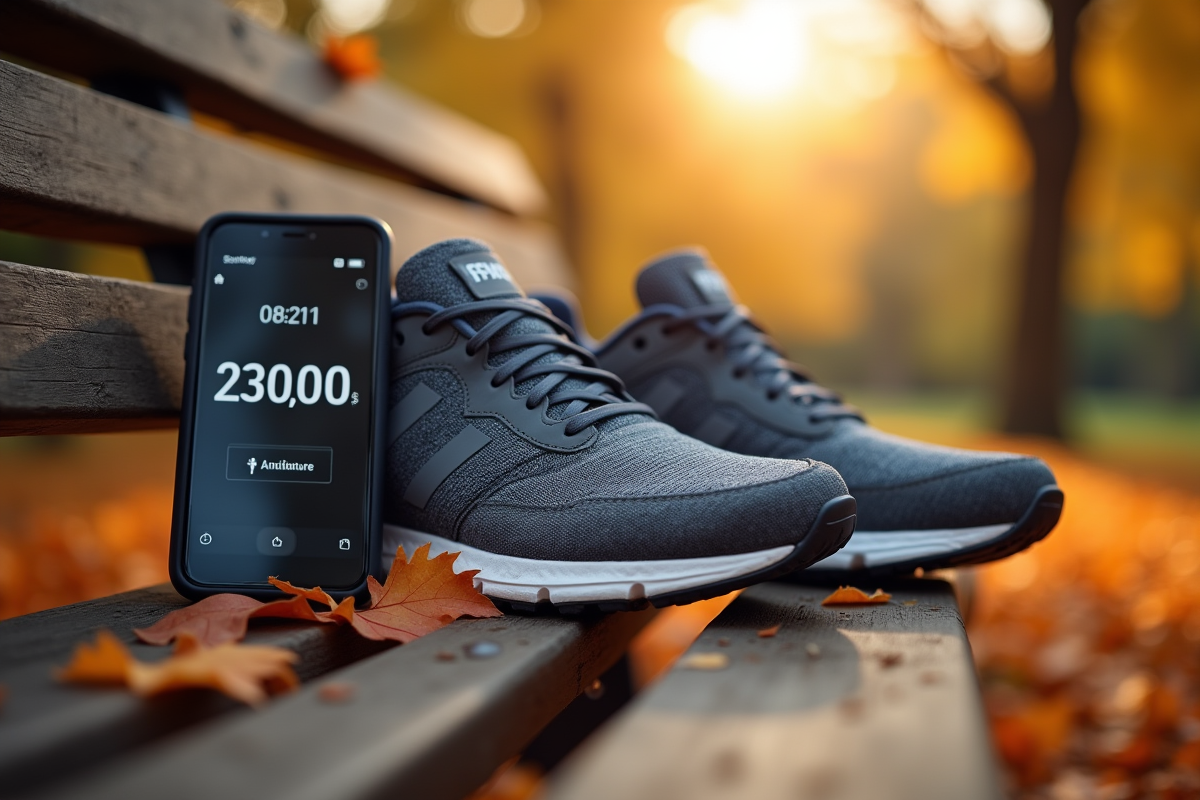 Chaussures usées et smartphone avec compteur de pas sur un banc