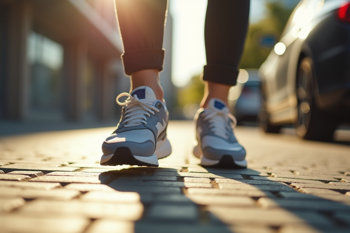 Gros plan sur des baskets en mouvement sur le trottoir