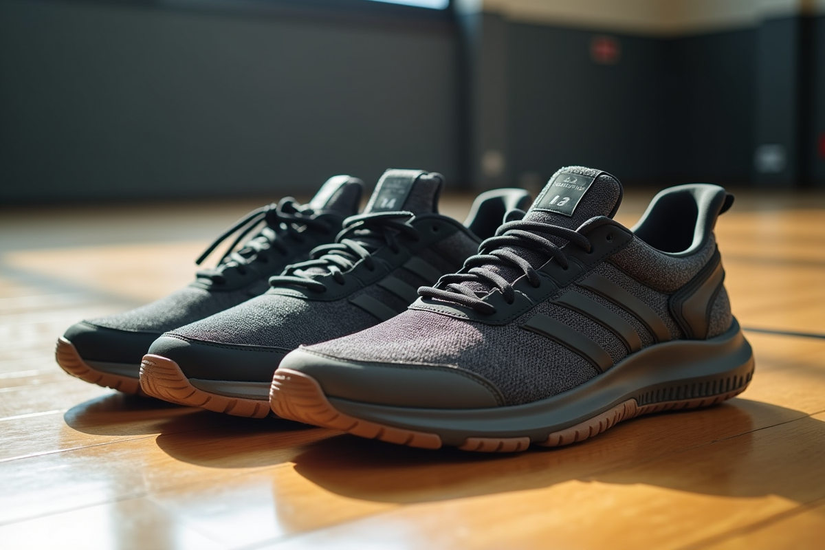 Chaussures de sport usées et neuves côte à côte sur un sol de gym en bois