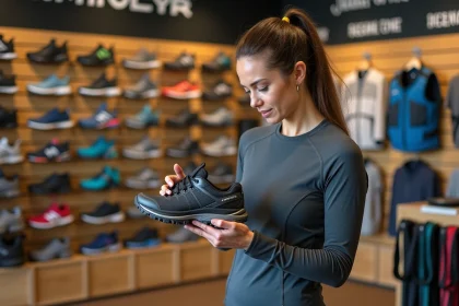 Cliente examinant des chaussures de trail dans un magasin spécialisé trailrunningstore