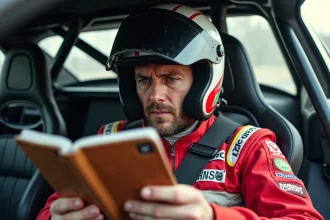 Co-pilote de rallye en combinaison Nomex dans l'habitacle d'une voiture de course avec notes de navigation