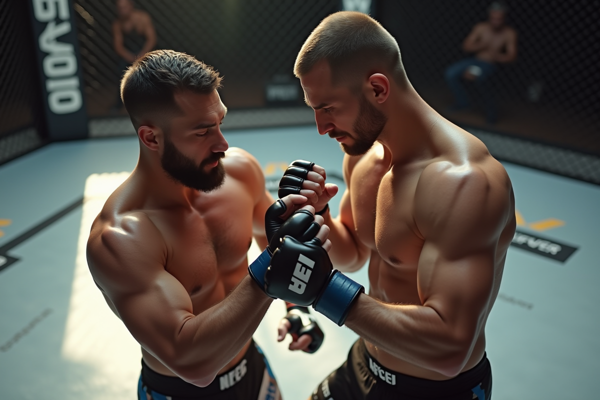 Entraîneur MMA montrant une soumission dans un octogone ensoleille