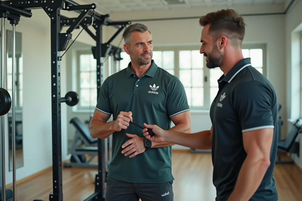 Coach sportif expliquant la technique du tirage poulie dos en prise neutre à un client dans un studio de fitness professionnel