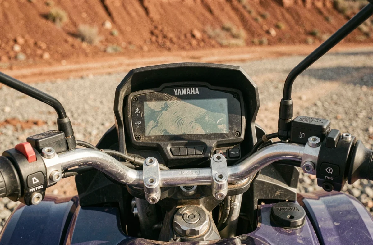 Gros plan sur le cockpit et le guidon du Yamaha Raptor 700, tableau de bord numérique et commandes pour randonnée sportive