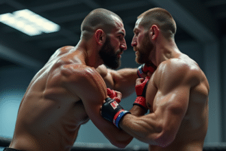 Deux combattants MMA en gym lumineux en pleine technique