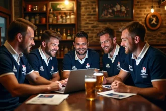 Supporters du CA libre rugby réunis autour d'un ordinateur portable dans une brasserie française, discutant de la communauté en ligne des Coujoux