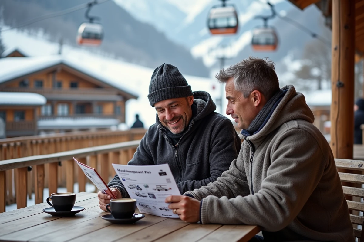 Couple comparant les prix des forfaits de ski en terrasse d'un restaurant de station en Tarentaise