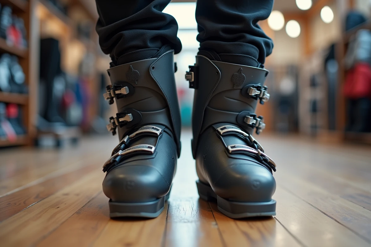 Comparaison de deux chaussures de ski femme, modèle à volume large et modèle à volume étroit, vue rapprochée