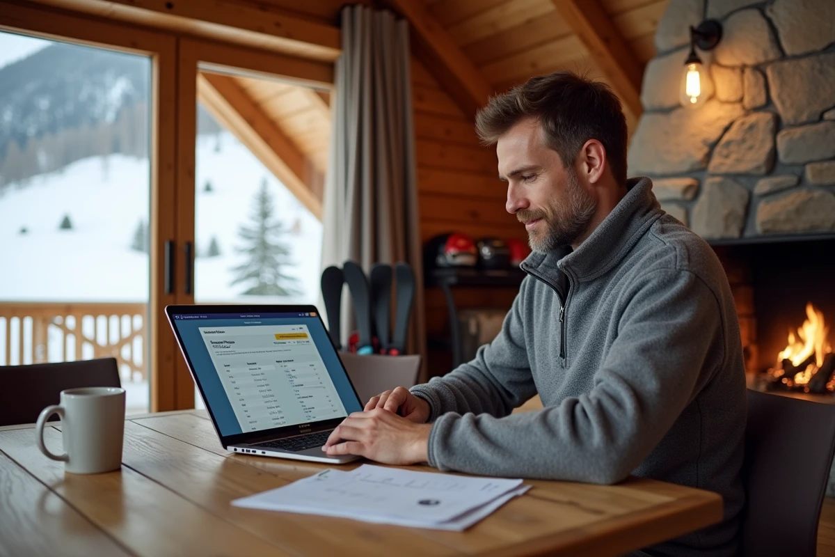 Parent comparant les forfaits famille des Deux Alpes sur ordinateur dans un chalet de montagne