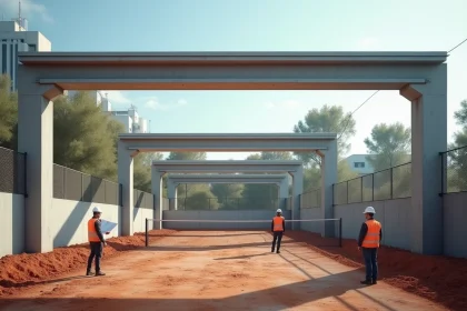 Vue d'ensemble d'un chantier de terrain de padel présentant les trois structures comparées : acier, béton et aluminium