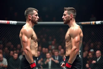 Deux combattants UFC face à face dans l'octogone montrant un contraste de taille significatif avant un combat