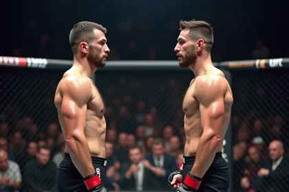 Deux combattants UFC face à face dans l'octogone montrant un contraste de taille significatif avant un combat