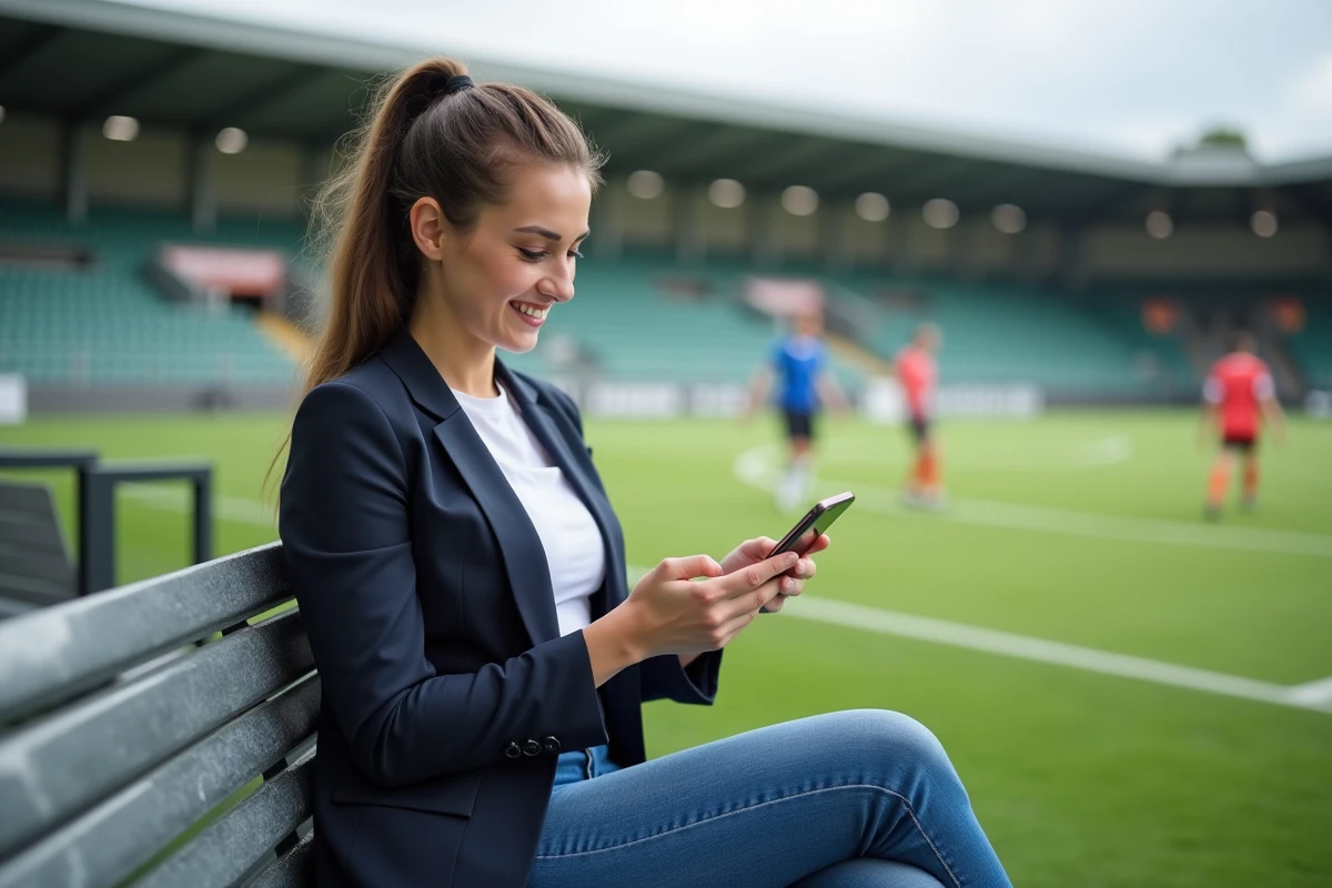 Jeune coordinatrice de club avec smartphone près du terrain