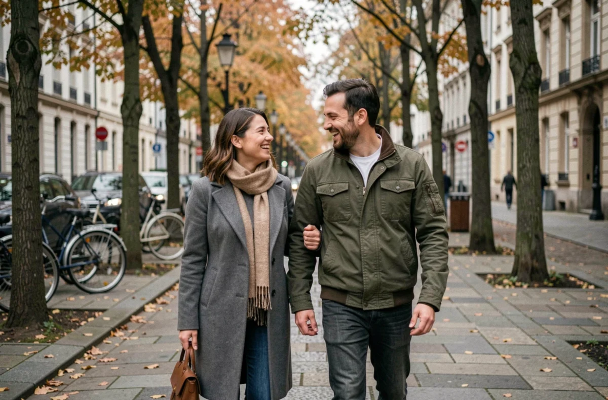 Couple se promenant dans une rue urbaine européenne en automne, illustrant la vie privée et le quotidien du fondateur d'universfootball.fr et sa compagne