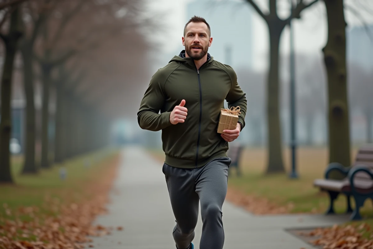 Coureur sportif tenant un cadeau en courant dans un parc urbain en décembre pour son calendrier de l'Avent