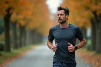 Coureur consultant sa montre GPS pour convertir sa vitesse en km/h en allure min/km pendant un jogging urbain