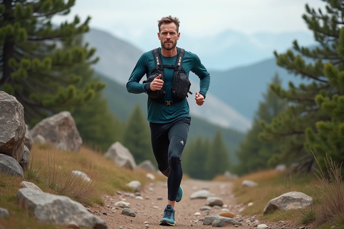 Coureur de trail équipé d'un gilet d'hydratation sur sentier montagneux rocheux