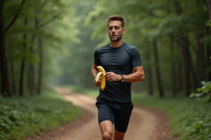 Jeune homme courant dans la forêt en mangeant une banane