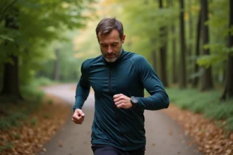 Homme en course à pied vérifiant son graphique de rythme en forêt