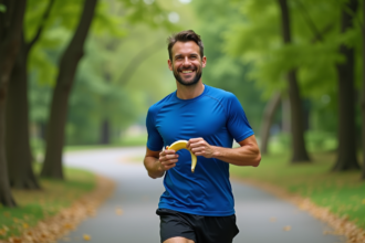 Homme courant dans un parc en mangeant une banane